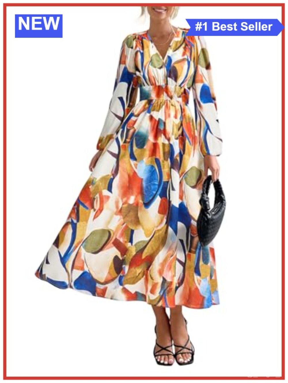 PRETTYGARDEN Women's Boho Floral Long Puff Sleeve V Neck Midi Dress